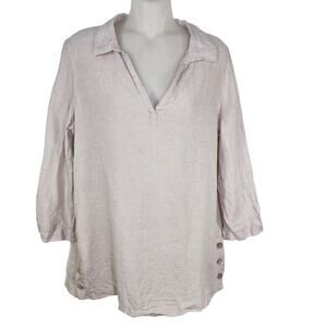 Tahari Womens Tunic Top Size Medium Linen Popover Blush Pink 3/4 Sleeves V Neck